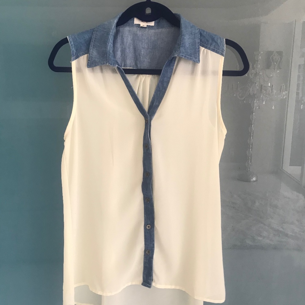 Sleeveless Top/Denim & beige see through